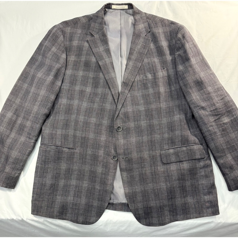 Joseph Abboud Mens 46R Grey Plaid 100% Linen Tailored Fit 2-Button Blazer Jacket